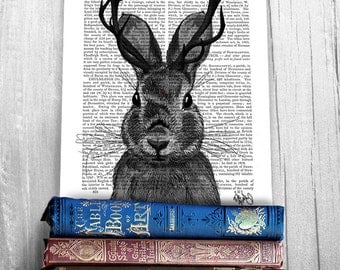 Jackalope Print with grey Antlers - rabbit print Whimsical art Whimsical print Whimsical Animal art unusual gift Woodland Nursery décor