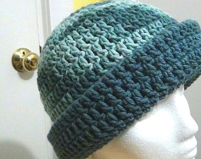 Cadet Blue and Variegated Colonial Blues Hat - Wedgewood Blue Winter Hat - Reversible Head Wear - Rolled Brim Hat