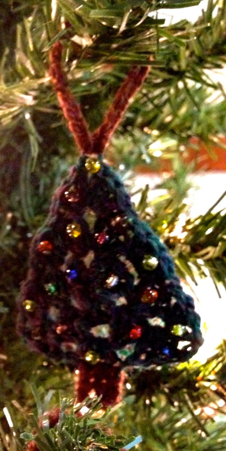 Crocheted Beaded Christmas Tree - Granny Square Holiday Ornament - Forest Green Tree with Colorful Beads