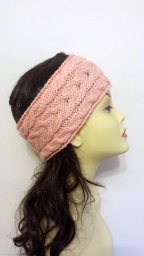 Peach Hand Knitted Headband, Hair Accessories, peach knitted headband, cable knit salmon hairband, women knitted headband, winter accessory
