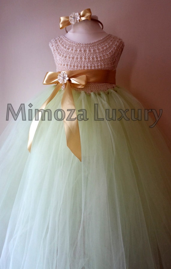Mint Ivory Flower girl dress, tutu dress, bridesmaid dress, princess dress, mint crochet top tulle dress, knit tutu dress mint ivory gold