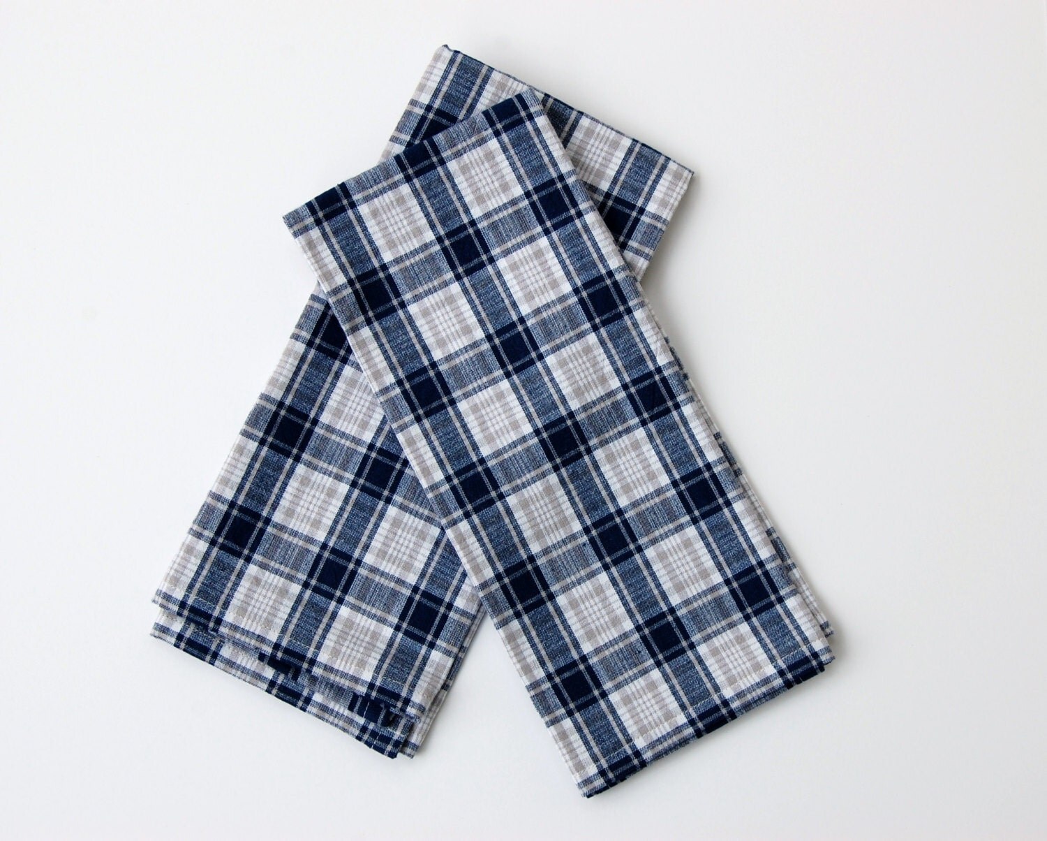 Blue and Natural Plaid Kitchen Towels Set of 2 by FoxAndHollow