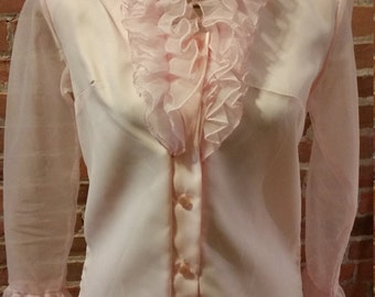 Elegant 60's Pink Ruffled Blouse w/ Sheer Sleeves