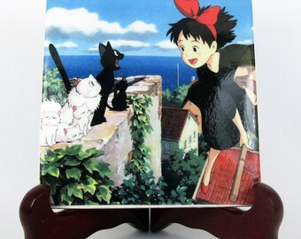 Studio Ghibli Kiki and Jiji from Kiki's Delivery Service collectible ceramic tile Studio Ghibli art Hayao Miyazaki Kiki's cat Jiji the Cat