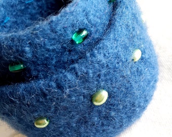 2 Nested Blue Felted Beaded Bowls