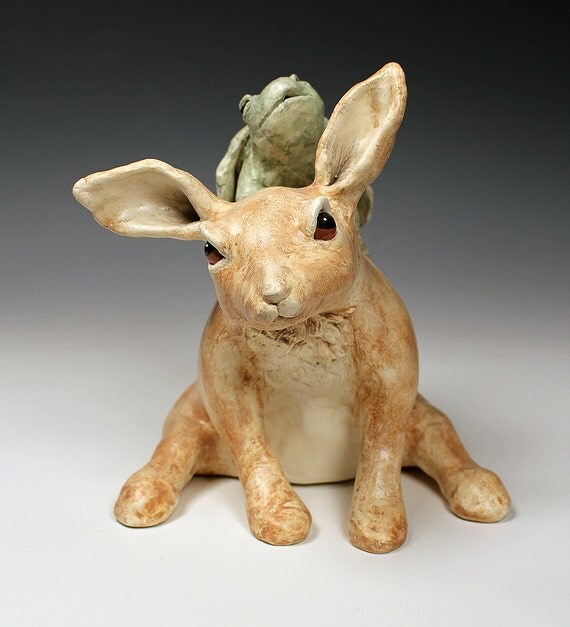 Hare and Tortoise ceramic sculpture one-of-a-kind deep tan