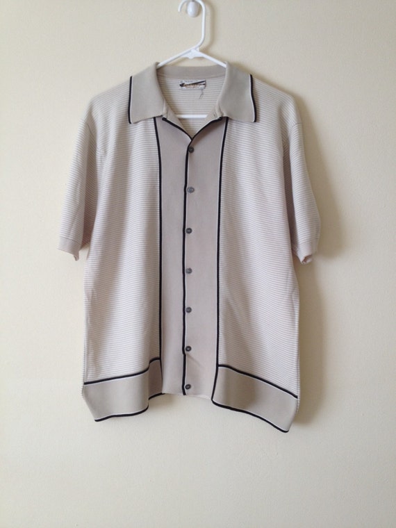 Mens Vintage 1960s Puritan Ban-Lon Knit Shirt Cream and White
