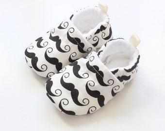 Baby First Walkers Soft Soled Baby Shoes - black & white moustaches - baby shoes, Soft Sole Baby Shoes, Fabric Baby Booties