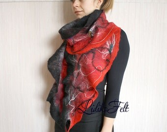 Felted Wool Cobweb Ruffle Scarf Shawl Wrap BLACK RED