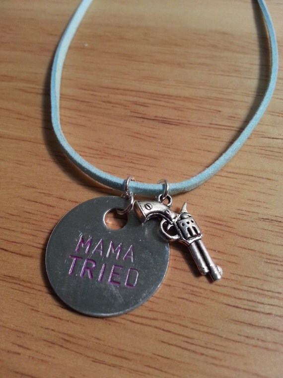 Items similar to MAMA TRIED Necklace with Gun Charm - Suede Necklace ...
