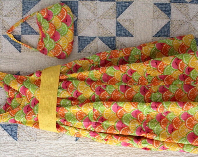HALF PRICE ** Sunshine Ruffled Dress Size 4 with sash, panty, purse. Watermelon, Lime, Lemon, Orange Seersucker. Lined Sleeveless Dress