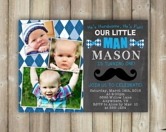 Little Man First Birthday Invitation, Boys 1st Bday Invite, Mustache - Bow Ties - Argyle - Digital File, Print Yourself