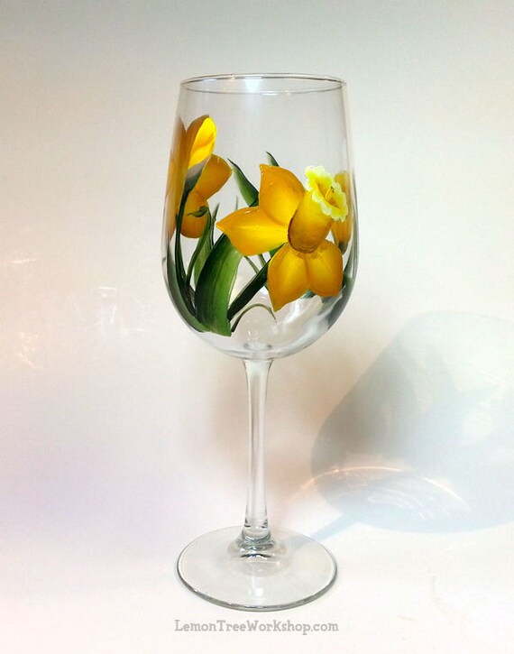 Hand Painted Daffodil Wine Glass Yellow by LemonTreeWorkshop