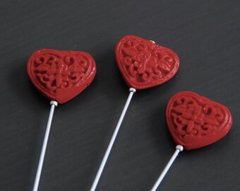 Red carved laquer heart hat pin / stick pin with beautiful floral detailing. Perfect for hat lovers! Can also be used for scarves, etc.
