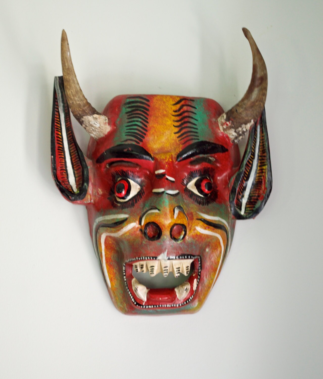 Vintage Mexican Devil Mask Hand Carved with Animal Horns