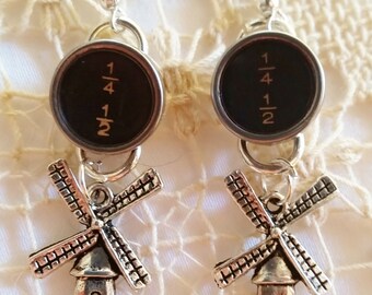 Windmill Earrings, Fractions Silver Dangle Earrings, Dutch Windmill Earrings, Typewriter Key Earrings, Antique Typewriter Earrings Holland