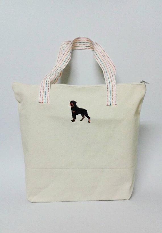 Rottweiler Dog Embroidery - White Canvas Tote Bag