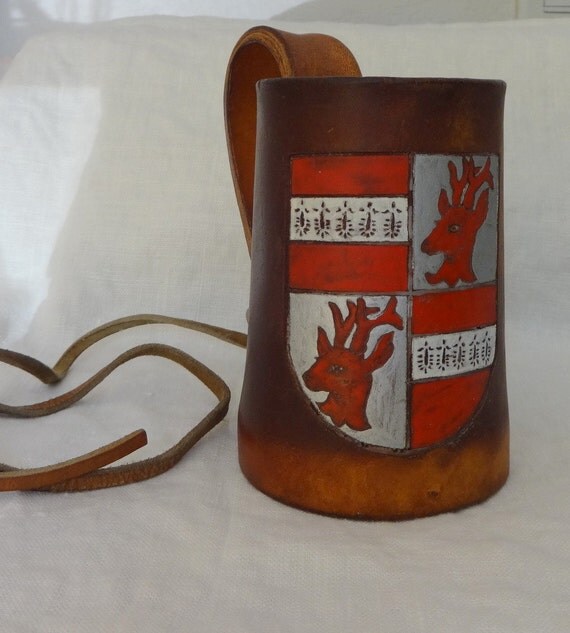 Leather Mug Renaissance Faire Red Stag Crest Vintage Coat of