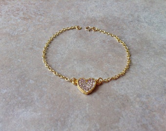 Gold heart bracelet, dainty heart bracelet, rhinestone heart bracelet, crystal heart bracelet , pave bracelet , dainty heart bracelet