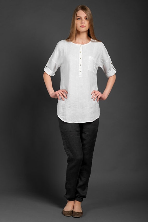Items similar to White linen blouse, short sleeves blouse for summer ...