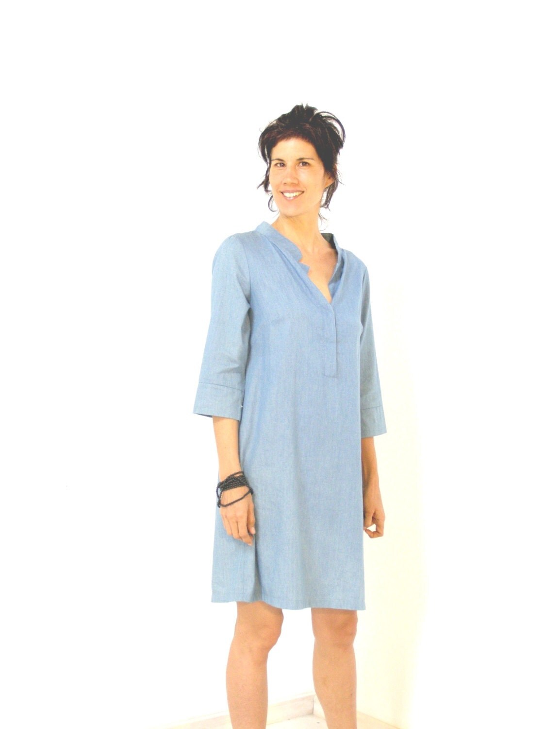 Blue summer dress-women's blouse in light denim-oversized