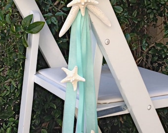 Beach Wedding Starfish Chair Decoration with Natural Starfish and Satin and Sheer Ribbons - 24 Ribbon Colors - aisle decorations