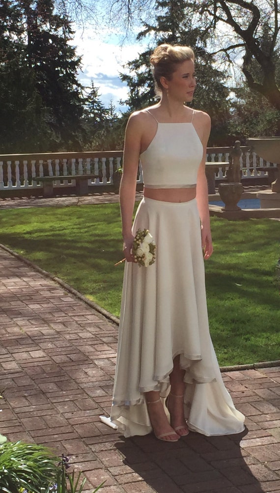 Two Piece Crop Top Wedding Dress Hi Low by FrenchKnotCouture