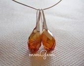 Crystal earrings, teardrop, orange AB, fired, faceted crystal, Swarovski, big briolette, dangle, drop, silver plated, luxury,