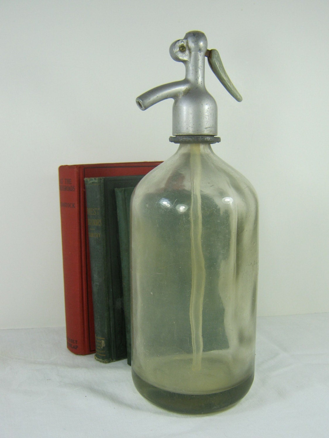 Vintage SELTZER BOTTLE Glass RUSTIC European Galvanized Spout