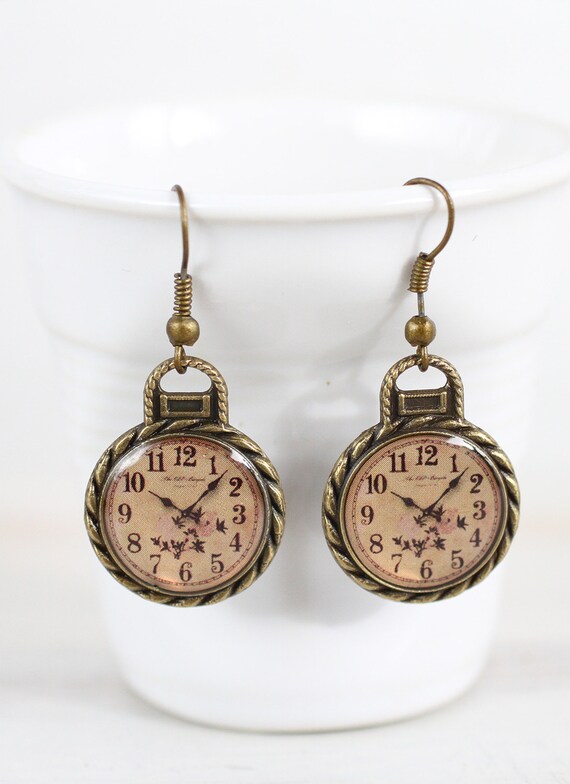 Flowers Clock Earrings Simple Brass Clock Earrings Retro Clock