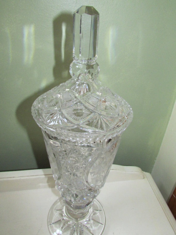 CRYSTAL Vase with Lid Cut Rose & Spirals Design Tall 16