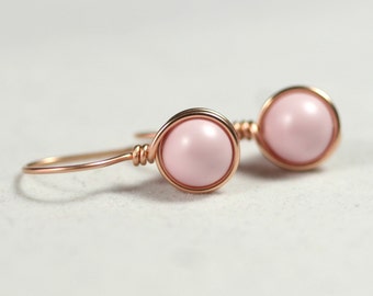 Rose Gold Light Pink Earrings Wire Wrapped Jewelry Handmade Rose Gold Earrings Pale Pink Earrings Pastel Pink Earrings Rose Gold Jewelry