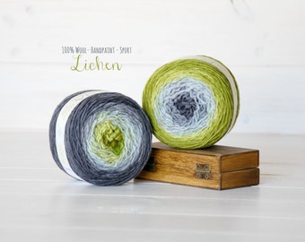 2 Hand Dyed Yarn Balls - 100% Wool - Color: Lichen Ombre - 1Ply Sport Yarn - Colorful Soft Yarns by Freia - 2 Balls - Gorgeous Sport Yarn