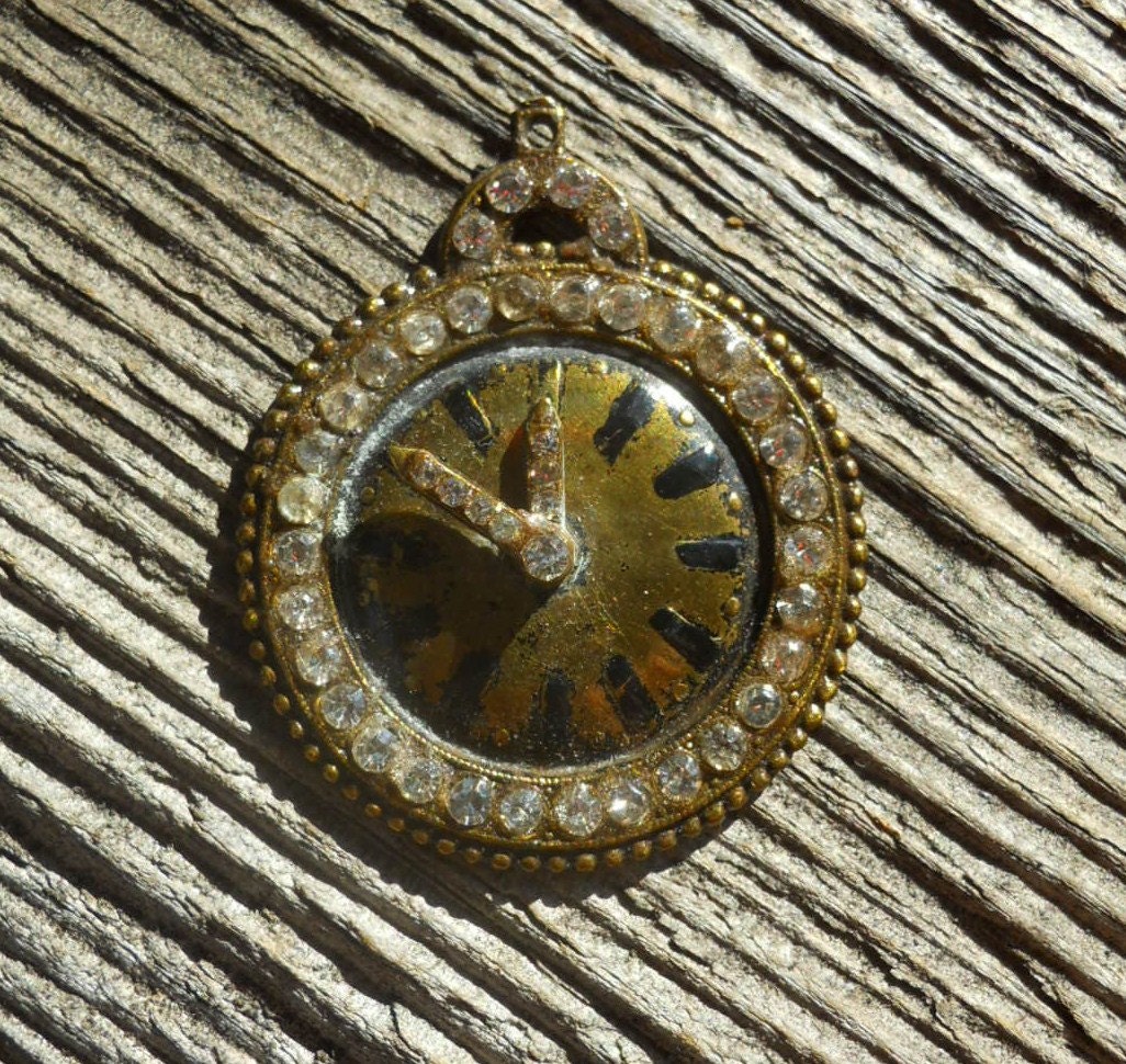 SALE // VintageFrench Enamel  Brass Paste Rhinestone Watch Face Pendant