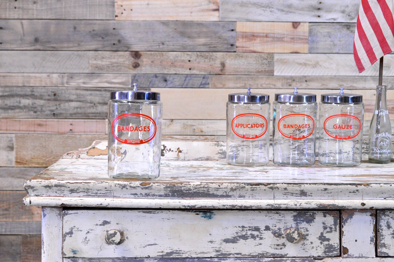 Vintage Bandages Glass Jar, Glasco Glass Medical Jar With Stainless