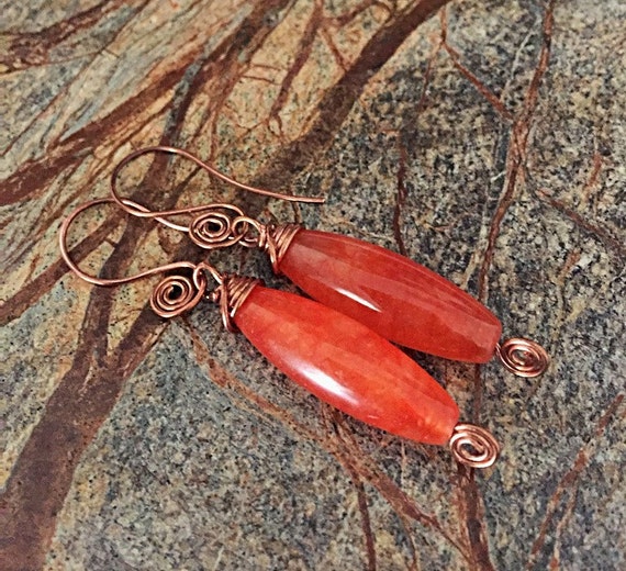 Orange Jade Copper Earrings / Wire Wrapped Jade by DesignsByAlesia