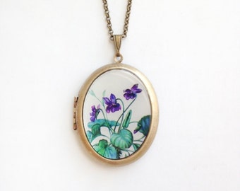 Sweet Violet Locket - 'Violette' Spring Purple Flower - Botanical Brass Photo Locket Necklace
