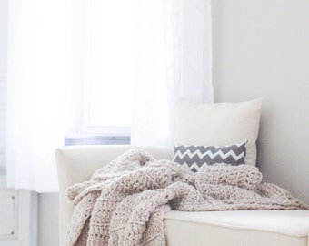 Chunky Knit Crochet Wool Throw Blanket Afghan / THE BARROW / Linen