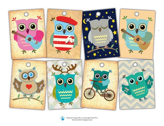 Little Owls gift tags. Printable 2.5 x 3.5 inch ACEO size