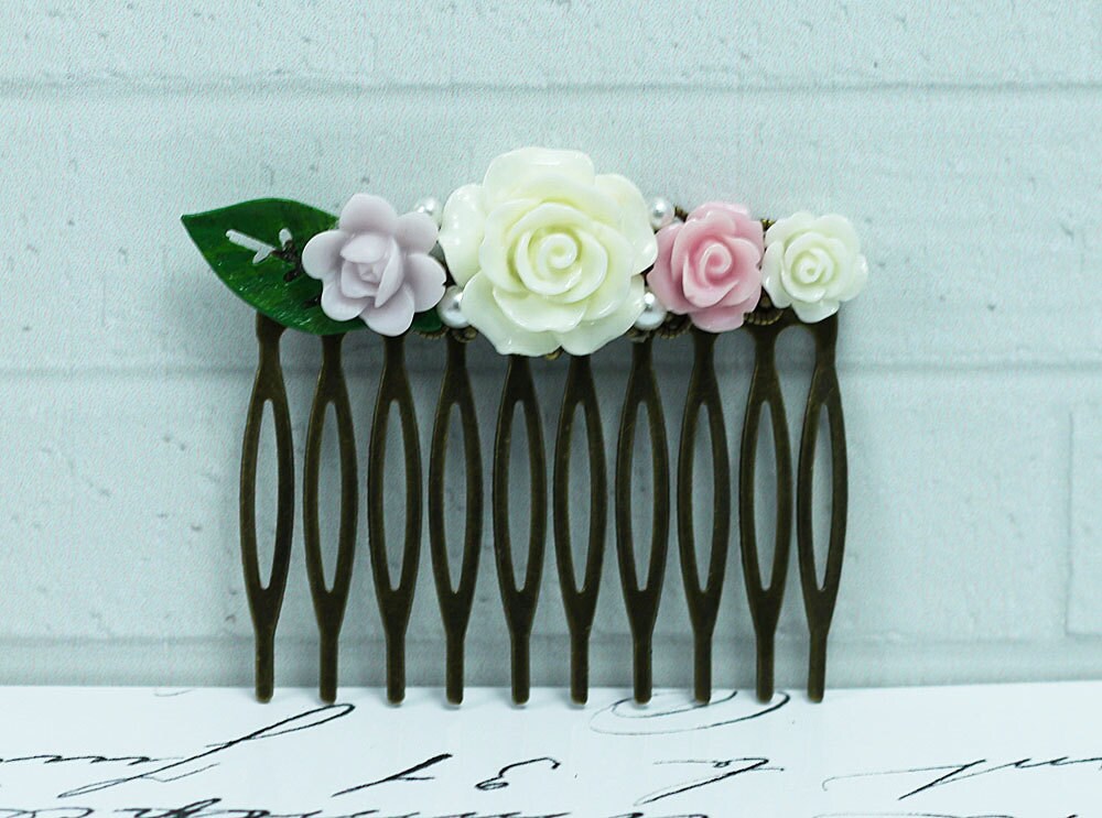Resin Rose Hair Comb Pastel Flower Comb Floral Collage