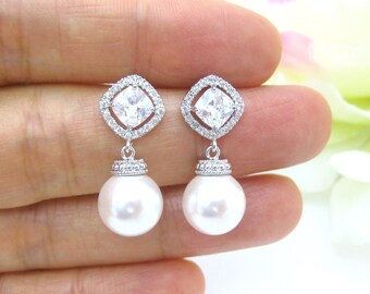 Bridal Pearl Earrings Swarovski Crystal 10mm Round Pearl Cubic Zirconia Earrings Square Cut Earrings Wedding Jewelry Bridesmaid Gift (E152)