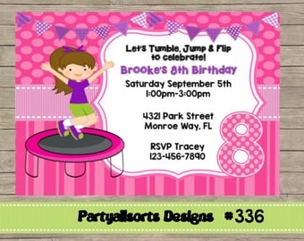 336 DIY - Girls Trampoline Party Invitations Cards.