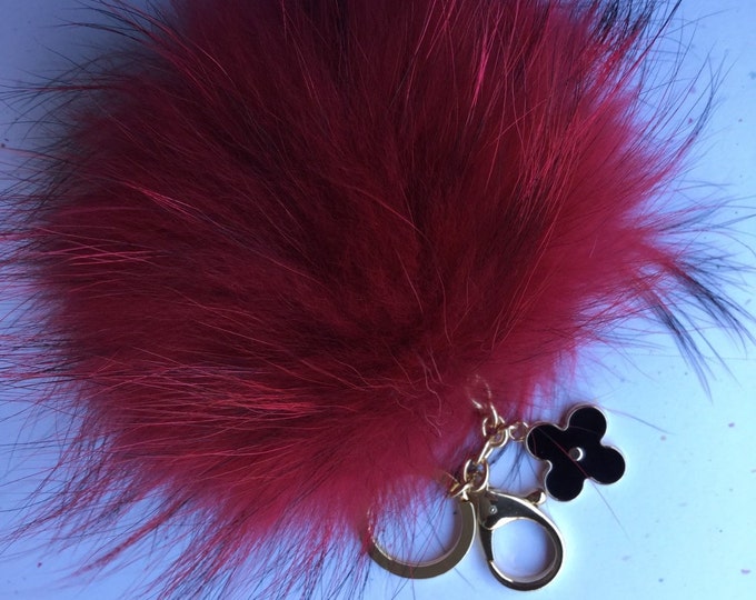 Raccoon Fur Pom Pom luxury bag pendant + flower keychain ring chain bag charm in red with natural black markings