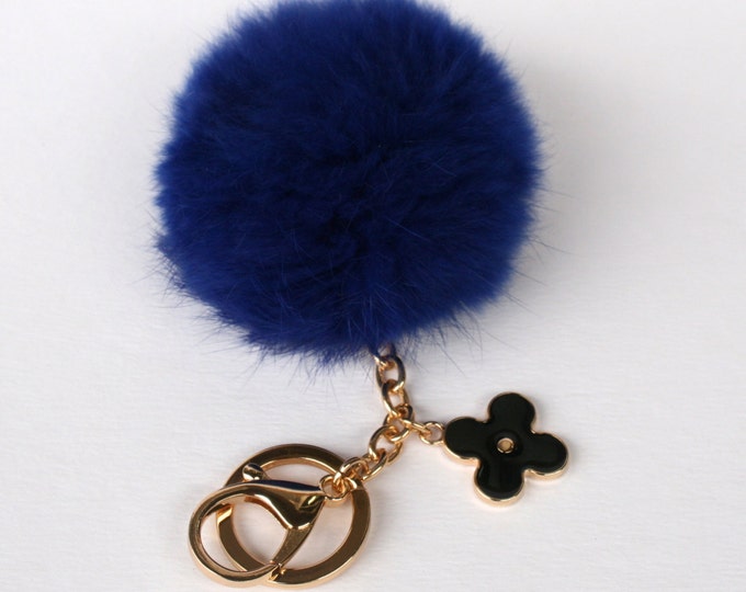 Pom-Perfect Navy Rabbit fur pom pom ball keychain or bag pendant with flower charm