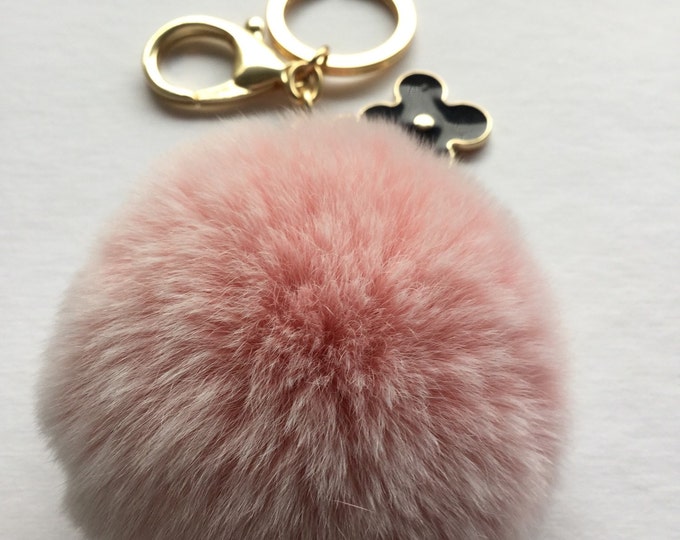 Pink fur pom pom keychain frosted REX Rabbit fur pom pom ball with flower charm