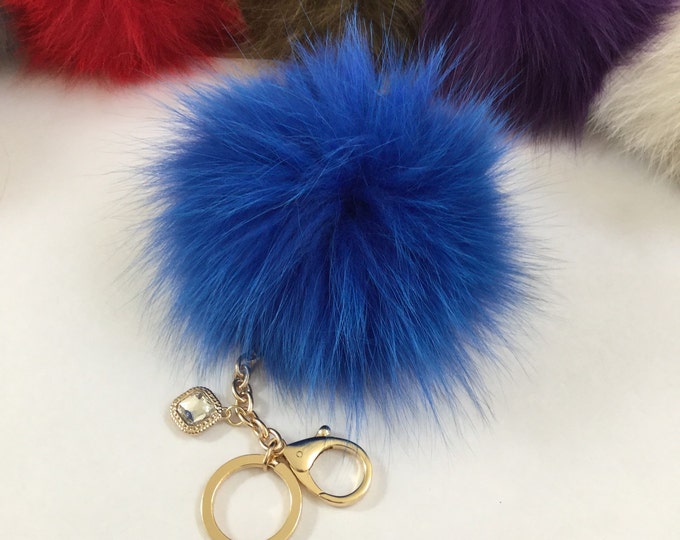 Royal Blue Fox Fur Pom Pom keychain ball luxury bag pendant with clear crystal charm