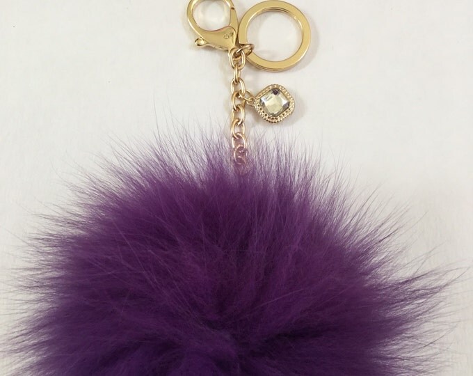 Deep Purple Fox Fur Pom Pom keychain ball luxury bag pendant with clear crystal charm