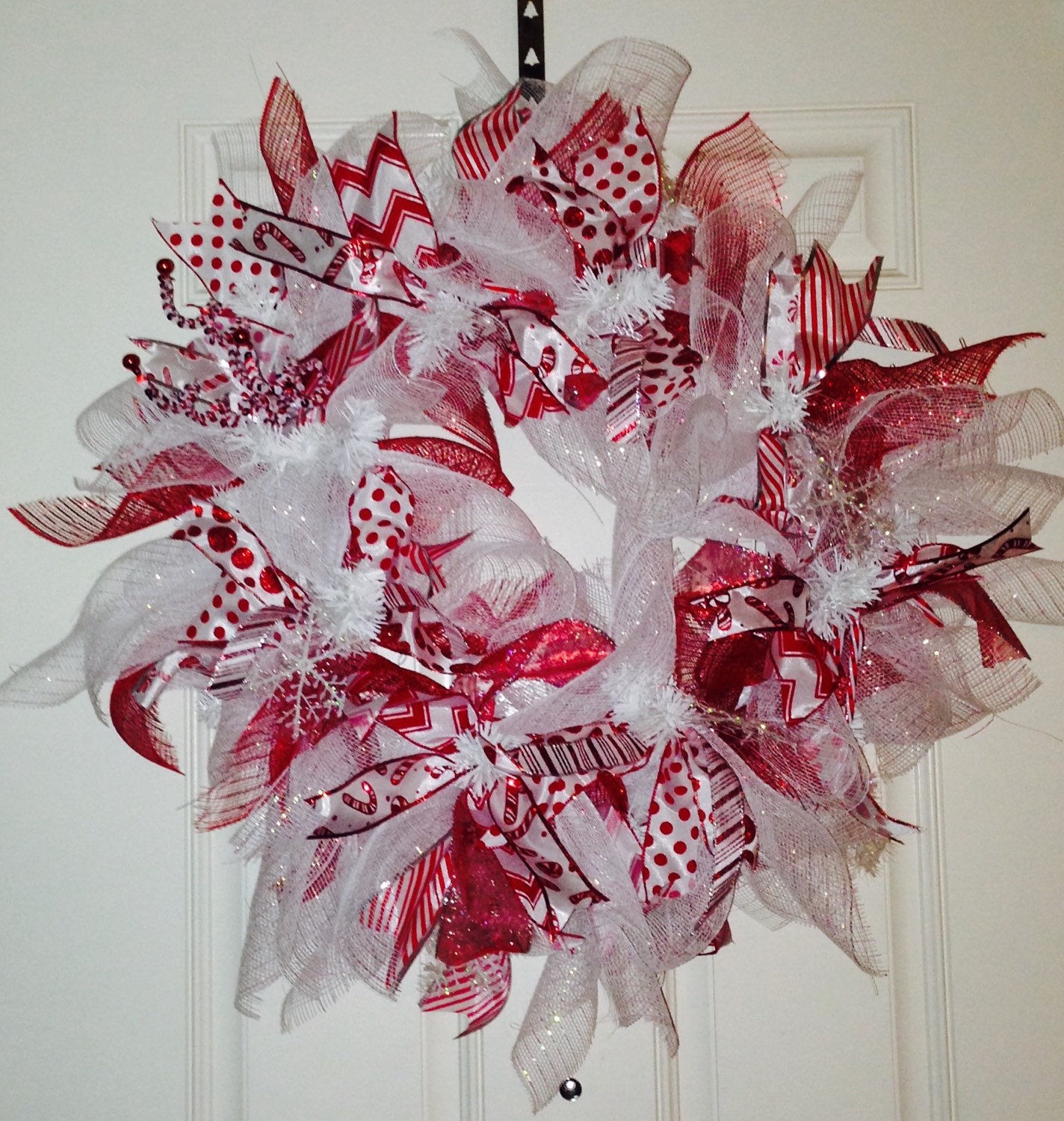 Candy cane ribbon wreath by Wreathsbyflygal on Etsy
