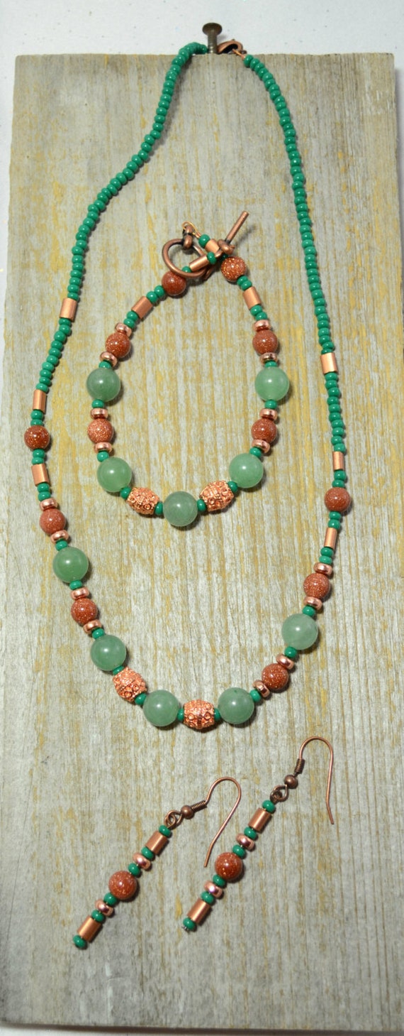 Jade Goldstone and Copper Necklace Set Unique and Handmade