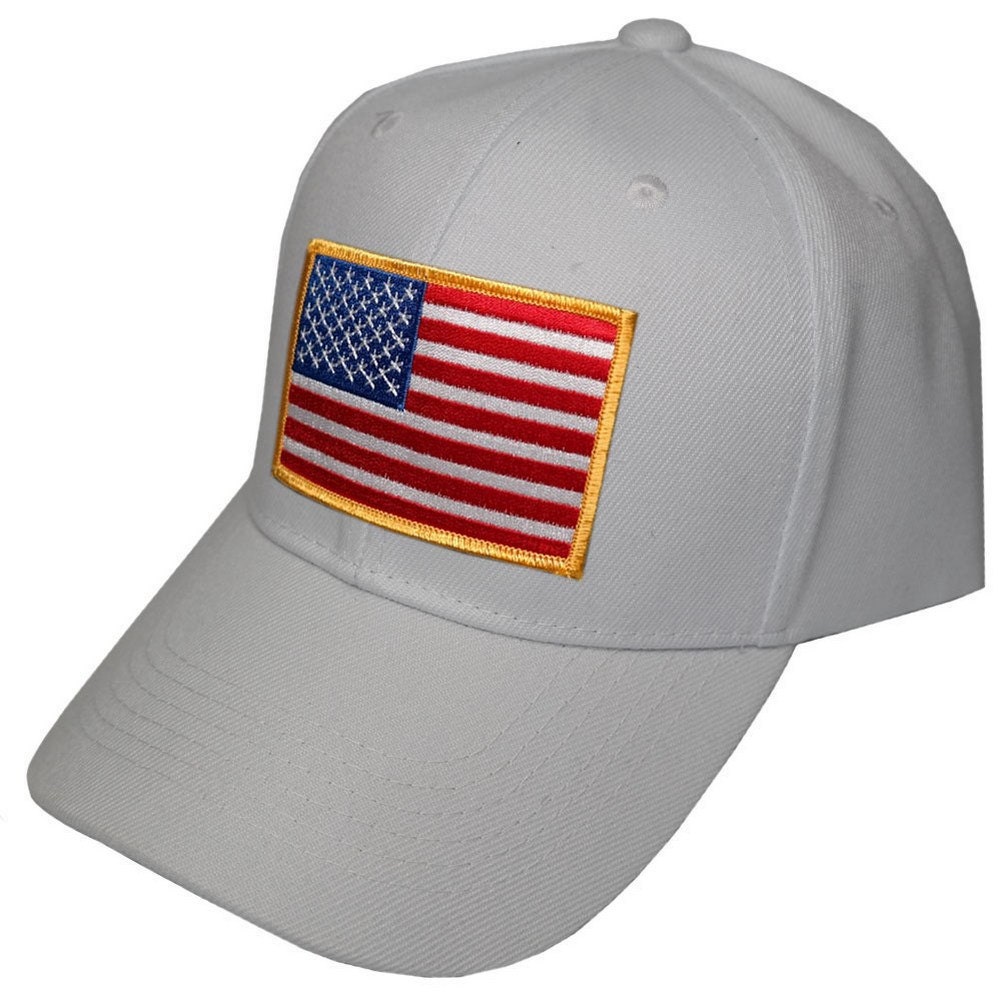 White Baseball Cap with Iron On US American Flag Patch